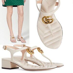 GUCCI SHOES WHITE LEATHER DOUBLE G LOGO THONG SANDALS $860